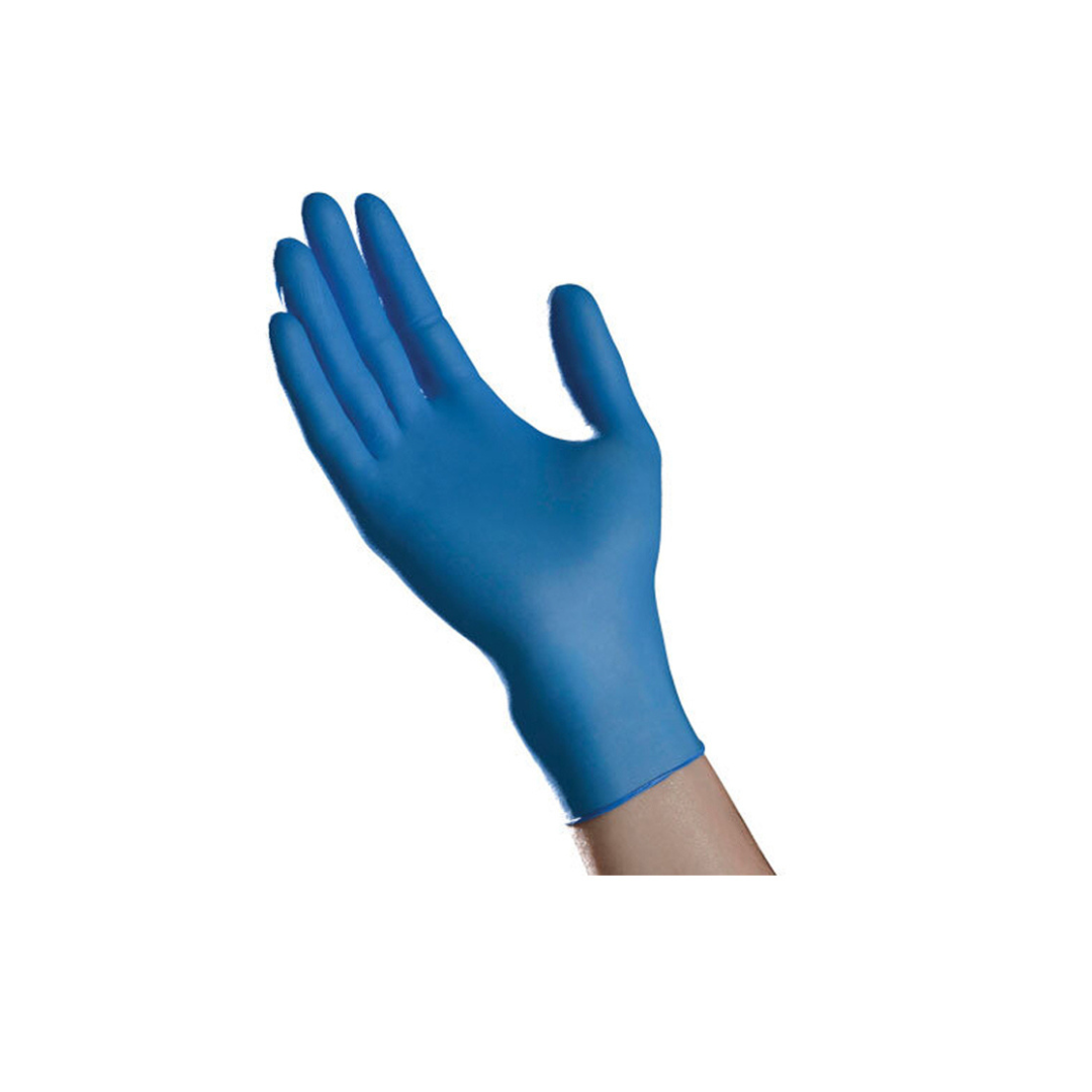 A hand wears a BodyMed Nitrile Exam Glove, raised against a white background to showcase the glove’s quality and features.